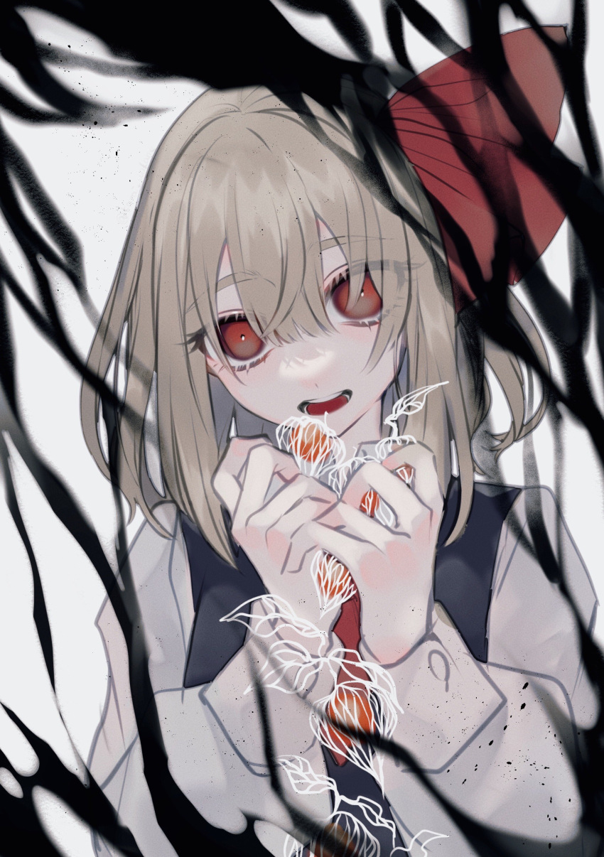 1girl absurdres black_vest blonde_hair chinese_lantern_(plant) commentary darkness eyebrows_visible_through_hair hair_ribbon hands_up highres katai_(nekoneko0720) looking_at_viewer lower_teeth medium_hair open_mouth red_eyes red_ribbon ribbon rumia shirt sleeve_cuffs solo teeth tongue touhou upper_body upper_teeth vest white_shirt