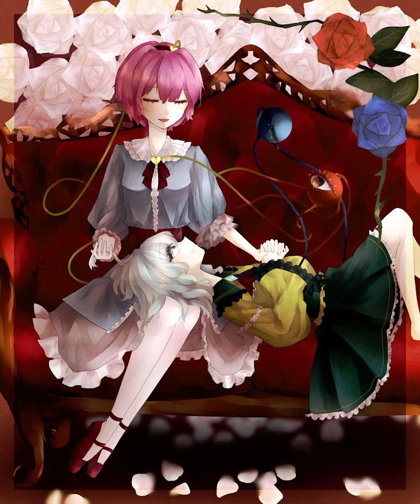 2girls :d adapted_costume ascot bad_id bad_pixiv_id black_hairband blouse blue_dress blue_flower blue_rose buttons closed_eyes closed_mouth corset couch diamond_button dress eyebrows_visible_through_hair flower frilled_shirt_collar frilled_skirt frilled_sleeves frills green_eyes green_hair green_skirt hair_between_eyes hair_ornament hairband heart heart_hair_ornament highres holding_hands interlocked_fingers komeiji_koishi komeiji_satori lap_pillow leaf long_sleeves looking_at_another lying mary_janes medium_hair miawa multiple_girls neckerchief no_hat no_headwear on_back on_couch petals pink_hair pink_skirt playing_with_another's_hair red_ascot red_eyes red_flower red_footwear red_neckerchief red_rose rose rose_petals shoes short_hair siblings sisters sitting skirt smile third_eye thorns touhou tsurime white_flower white_rose wide_sleeves yellow_blouse