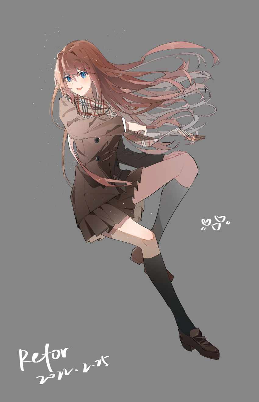 1girl absurdres aozaki_aoko bangs black_legwear blazer blue_eyes brown_footwear brown_hair brown_jacket brown_skirt buttons commentary_request dated eyebrows_visible_through_hair floating_hair full_body grey_background hair_between_eyes hair_intakes highres jacket long_hair long_sleeves looking_at_viewer mahou_tsukai_no_yoru miniskirt mixed-language_commentary open_mouth plaid plaid_scarf pleated_skirt reforward scarf shoes signature simple_background skirt solo very_long_hair