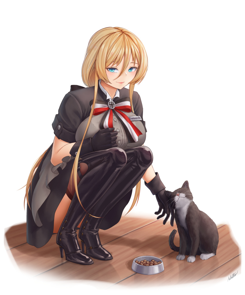 1girl absurdres azur_lane bismarck_(azur_lane) bismarck_(iron_black_elysium)_(azur_lane) black_dress black_footwear black_gloves blonde_hair blue_eyes boots breasts cat dress eyebrows_visible_through_hair framed_breasts full_body gloves grey_shirt hair_between_eyes high_heels highres imperial_german_flag large_breasts long_hair looking_at_viewer official_alternate_costume shirt short_sleeves simple_background solo squatting thigh-highs thigh_boots unsinkable_sam white_background whitter wooden_floor
