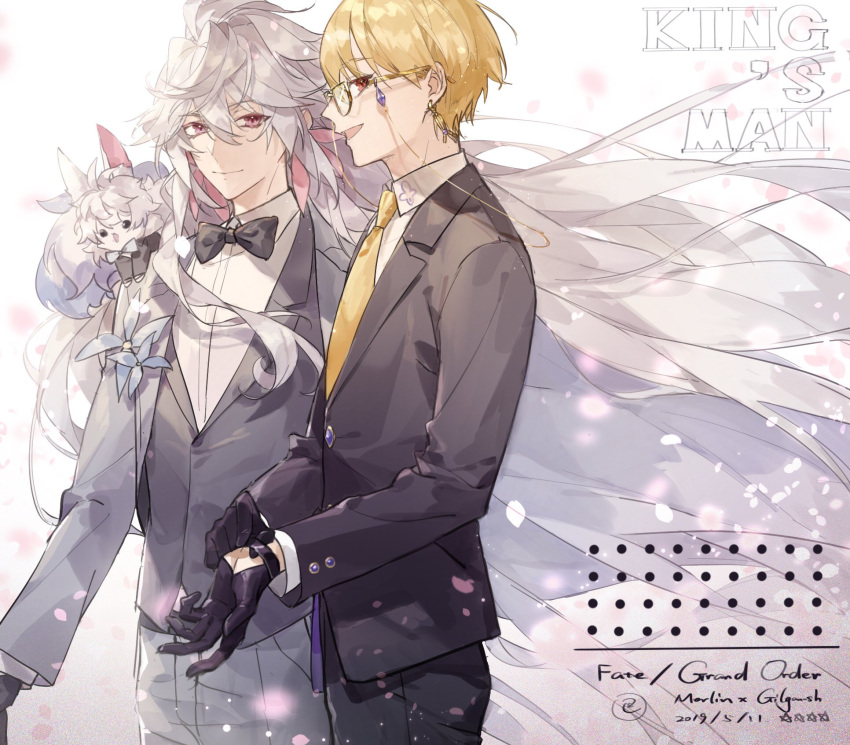 1other 2019 2boys ahoge alternate_costume background_text bangs black_bow black_bowtie black_gloves black_jacket blonde_hair blue_flower bow bowtie character_name collared_shirt creature dated e_(h798602056) earrings eyebrows_visible_through_hair fate/grand_order fate_(series) flower formal fou_(fate) gilgamesh_(fate) glasses gloves grey_jacket hair_between_eyes highres jacket jewelry long_hair looking_at_viewer looking_to_the_side male_focus merlin_(fate) multiple_boys necktie pants red_eyes shirt short_hair smile vest violet_eyes white_hair white_shirt yellow_necktie