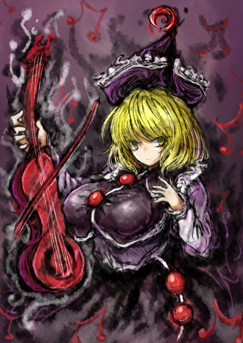 1girl 2b-ge black_dress blonde_hair breasts dress ghost ghost_girl hat highres instrument large_breasts lunasa_prismriver musical_note solo tagme touhou violin yellow_eyes