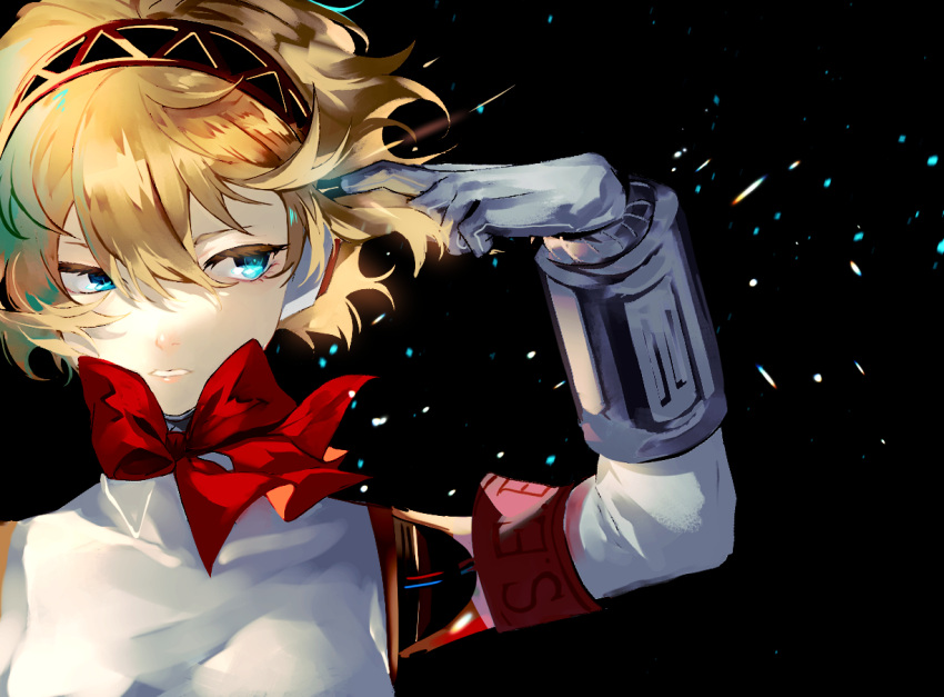 1girl aegis_(persona) armband bangs black_background blonde_hair bow bowtie floating_hair hair_between_eyes looking_to_the_side lor_(roasyerizyonirapi) open_mouth persona persona_3 portrait red_bow red_bowtie short_hair solo