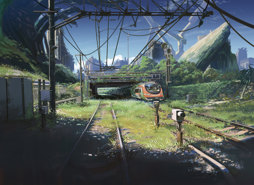 ashorz blue_sky building chinese_commentary commentary day grass ground_vehicle highres moss no_humans original outdoors plant power_lines railroad_tracks scenery sky skyline train tunnel