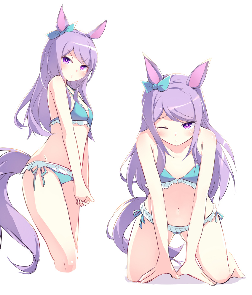 1girl :t absurdres animal_ears bangs bare_arms bare_legs bare_shoulders barefoot bikini blue_bikini blush cropped_legs ear_bow flat_chest frilled_bikini frills highres horse_ears horse_girl horse_tail kanzakietc kneeling long_hair looking_at_viewer mejiro_mcqueen_(umamusume) multiple_girls navel one_eye_closed own_hands_together pout purple_hair side-tie_bikini swimsuit tail umamusume v-shaped_eyebrows violet_eyes
