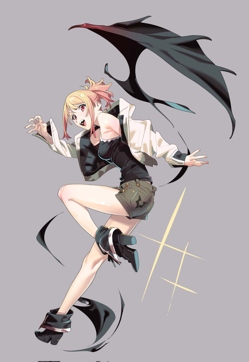1girl animal_print armpits bare_shoulders bat_print black_shirt blonde_hair boots breasts claw_pose commentary curled_fingers detached_wings fangs henken high_heel_boots high_heels highres hood hoodie knee_up large_breasts leg_up looking_at_viewer nail_polish open_clothes open_hoodie open_mouth original ponytail pose red_nails shirt short_hair short_shorts shorts sienna_(henken) sleeveless sleeveless_shirt smile solo sparkle_background teeth vampire wings