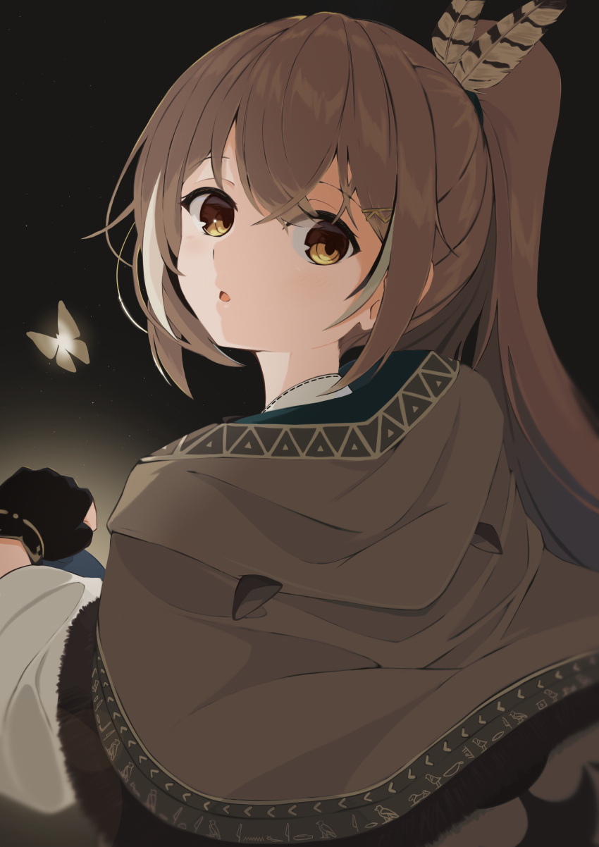 1girl :o absurdres bangs brown_capelet brown_cloak brown_eyes brown_hair bug butterfly capelet cloak feather_hair_ornament feathers gloves hair_ornament hieroglyphics highres hololive hololive_english looking_at_viewer melerdon multicolored_hair nanashi_mumei partially_fingerless_gloves ponytail shirt solo streaked_hair virtual_youtuber white_shirt