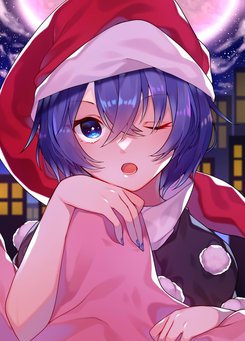 1girl bangs black_dress blue_eyes blue_sky building city clouds cloudy_sky commentary_request crossed_bangs diamond-shaped_pupils diamond_(shape) doremy_sweet dress eyebrows_visible_through_hair eyes_visible_through_hair fingernails hair_between_eyes hand_up hat highres long_fingernails looking_at_viewer moon nail_polish night night_sky one_eye_closed open_mouth pom_pom_(clothes) purple_hair purple_nails purple_sky red_headwear renka_(sutegoma25) short_hair short_sleeves sky skyscraper solo star_(sky) starry_sky symbol-shaped_pupils teeth tongue touhou upper_body white_dress window