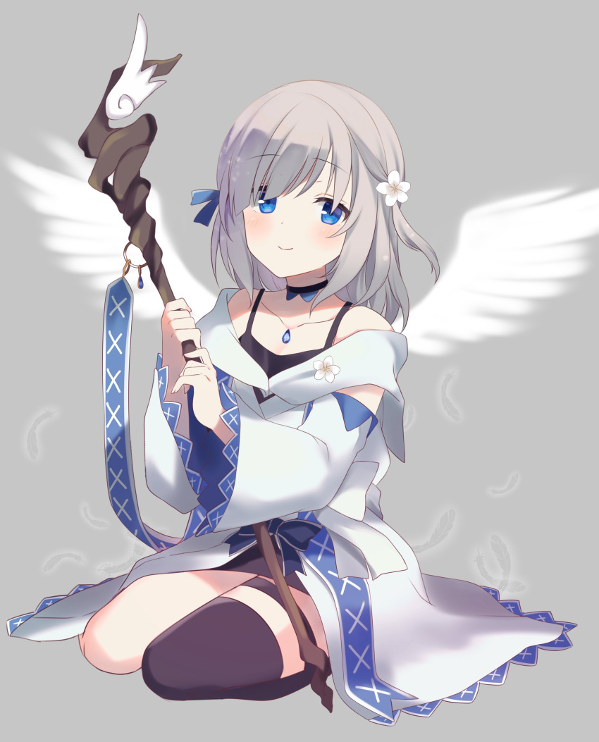 1girl absurdres angel_wings blue_eyes flower fujishiro_emyu hair_flower hair_ornament highres holding holding_staff holding_weapon isuzu_ren magia_record:_mahou_shoujo_madoka_magica_gaiden mahou_shoujo_madoka_magica ribbon simple_background smile solo staff weapon white_hair wide_sleeves wings