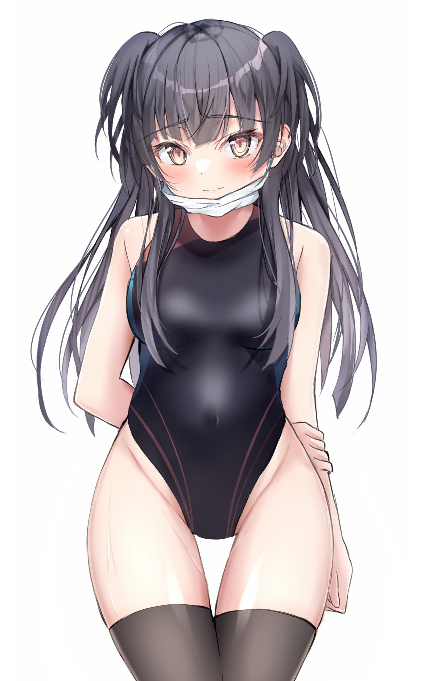1girl absurdres arms_behind_back bangs black_hair black_legwear black_swimsuit blush breasts closed_mouth competition_swimsuit covered_navel cowboy_shot eyebrows_visible_through_hair highleg highleg_swimsuit highres idolmaster idolmaster_shiny_colors large_breasts looking_at_viewer mask mayuzumi_fuyuko mouth_mask one-piece_swimsuit simple_background solo swimsuit thigh-highs thighs two_side_up white_background yzk_knmn