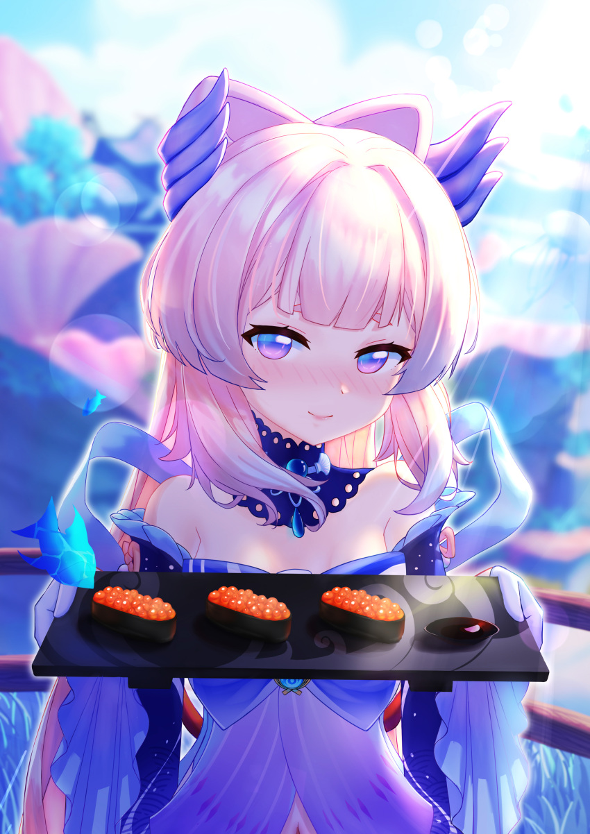 1girl absurdres bangs bare_shoulders blue_sky blunt_bangs blush bow bowtie dd_che_shen fish food frilled_sleeves frills genshin_impact gloves half-closed_eyes happy highres holding holding_plate long_hair looking_at_viewer navel pink_hair plate reaching_out sangonomiya_kokomi sky smile solo sushi upper_body violet_eyes wide_sleeves