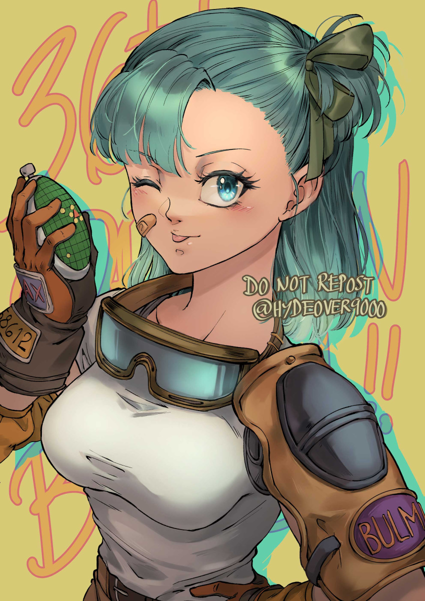 1girl absurdres bandaid bandaid_on_face blue_eyes blue_hair breasts bulma commentary dragon_ball dragon_ball_(classic) dragon_radar english_commentary gloves highres hydeover9000 looking_at_viewer medium_breasts one_eye_closed short_hair simple_background smile solo tongue tongue_out