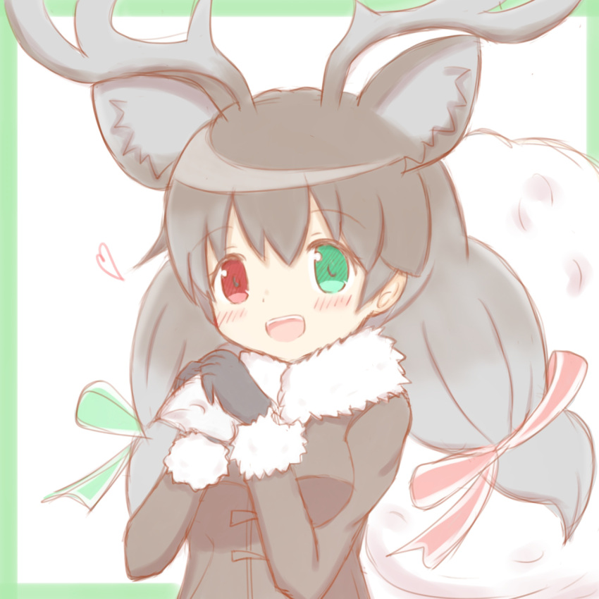 1girl :d animal_ear_fluff animal_ears antlers bangs black_gloves black_hair black_jacket blush commentary_request deer_ears eyebrows_visible_through_hair fur-trimmed_jacket fur-trimmed_sleeves fur_trim gloves green_background green_eyes hair_between_eyes hands_up heart heterochromia highres holding holding_sack jacket kemono_friends long_hair looking_at_viewer low-tied_long_hair red_eyes reindeer_(kemono_friends) reindeer_antlers reindeer_girl sack smile solo sunanuko_(ramuneko) teeth two-tone_background upper_body upper_teeth white_background