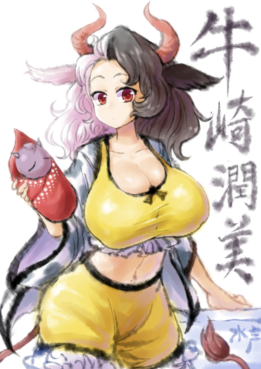 2b-ge animal_ears animal_print black_hair breasts cow_ears cow_girl cow_horns cow_print crop_top frilled_shorts frills grey_hair haori highres horns japanese_clothes large_breasts long_earlobes multicolored_hair red_horns shorts split-color_hair tank_top touhou two-tone_hair ushizaki_urumi yellow_shorts yellow_tank_top