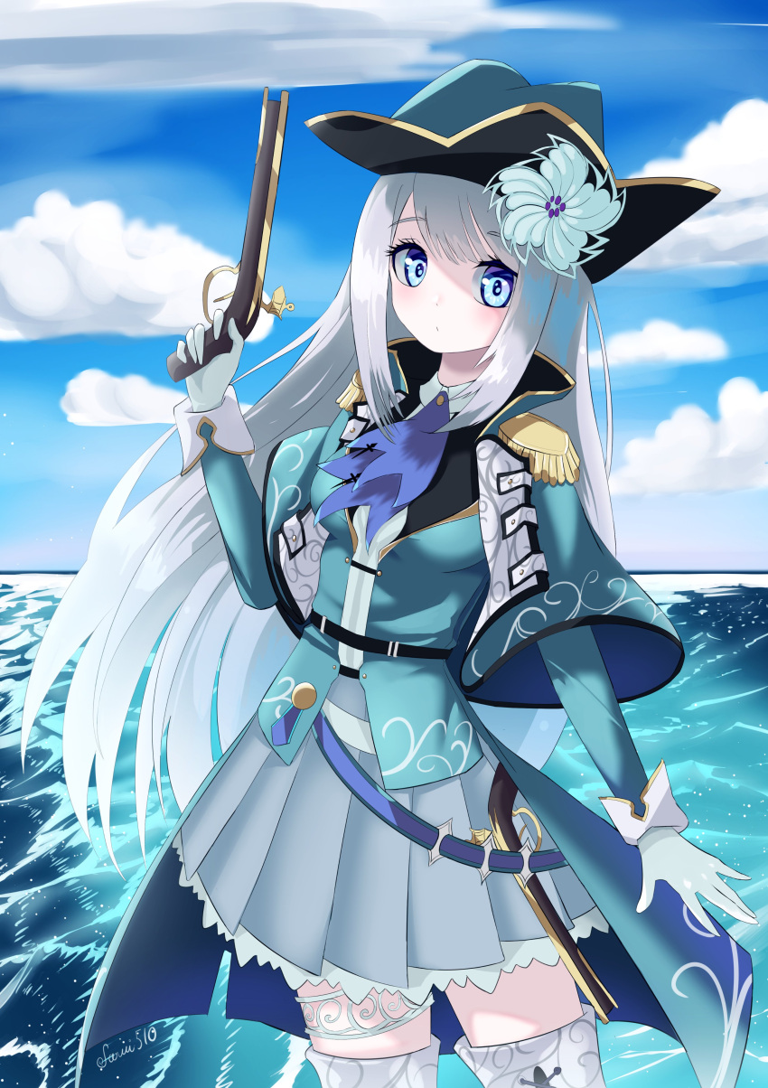 1girl absurdres antique_firearm ban_hada bangs blue_capelet blue_jacket breasts capelet clouds eyebrows_visible_through_hair firelock flintlock gloves grey_skirt gun hat highres holding holding_gun holding_weapon jacket long_hair nijisanji nijisanji_kr pirate_hat sanui510 silver_hair skirt sky small_breasts solo thigh-highs thigh_strap very_long_hair virtual_youtuber water weapon white_gloves