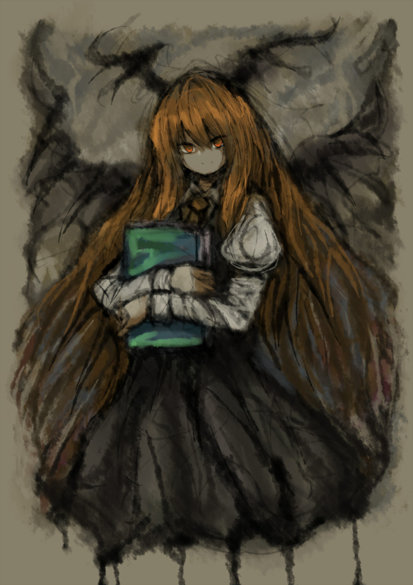 1girl 2b-ge bangs bat_wings black_skirt black_vest book closed_mouth cropped_legs eyebrows_visible_through_hair grey_background head_wings highres holding holding_book juliet_sleeves koakuma long_hair long_sleeves looking_at_viewer puffy_sleeves red_eyes redhead simple_background skirt smile solo touhou very_long_hair vest wings