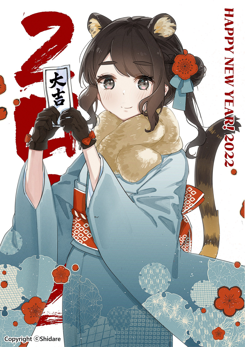 1girl 2022 absurdres animal_ears artist_name background_text bangs black_gloves black_hair blue_kimono chinese_zodiac commentary english_commentary english_text floral_print fur_scarf furisode gloves hair_bun happy_new_year highres holding holding_paper japanese_clothes kimono long_sleeves looking_at_viewer medium_hair mixed-language_commentary new_year obi omikuji original paper ponytail print_kimono sash sidelocks simple_background smile solo standing swept_bangs tail tiger_ears tiger_girl tiger_tail white_background wide_sleeves year_of_the_tiger yuu_(youh4016)