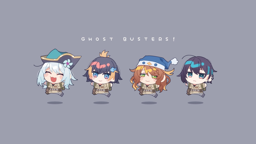 1boy 3girls amicia_michella ban_hada bangs black_hair blonde_hair blue_eyes blue_headwear blush brown_hair brown_jumpsuit chibi eyebrows_visible_through_hair fish_hair_ornament ghostbusters green_eyes hair_behind_ear hair_ornament half-closed_eyes highres jumpsuit long_hair mayuzumi_kai multicolored_hair multiple_girls nijisanji nijisanji_en nijisanji_id nijisanji_kr orange_hair petra_gurin pom_pom_(clothes) running smile streaked_hair violet_eyes virtual_youtuber yoyohachi_(44ku8n)