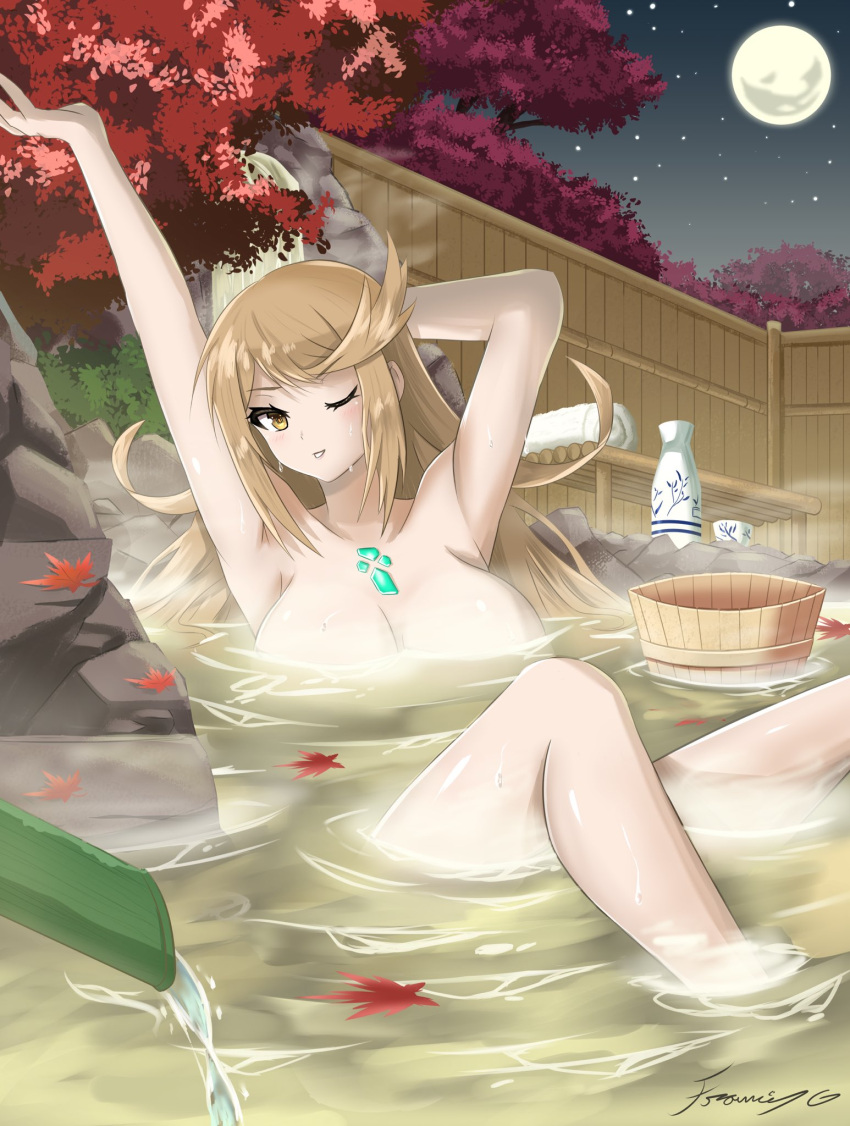 1girl arm_behind_head armpits arms_up bangs bath bathing blonde_hair blush breasts chest_jewel collarbone convenient_censoring english_commentary eyebrows_visible_through_hair feet_out_of_frame fgsketch gem highres large_breasts leaf leaning_back legs long_hair looking_at_viewer moon mythra_(xenoblade) night night_sky nude one_eye_closed onsen outdoors partially_submerged rock shiny shiny_hair shiny_skin sidelocks signature sitting sky solo steam steam_censor stretch swept_bangs thighs towel tree water_spring wet xenoblade_chronicles_(series) xenoblade_chronicles_2 yellow_eyes