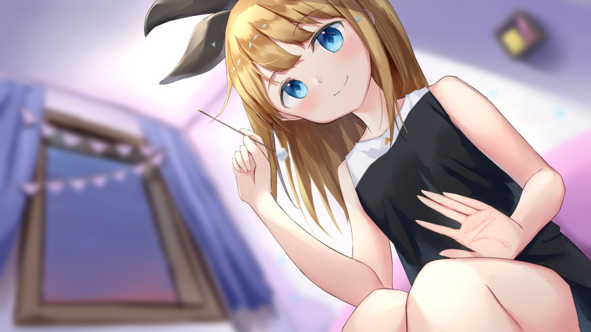 1girl absurdres akinakesu-chan bangs bare_arms bare_shoulders black_dress black_ribbon blonde_hair blue_eyes blurry blurry_background closed_mouth commentary_request commission curtains depth_of_field dress eyebrows_visible_through_hair from_below hair_ribbon highres holding indoors long_hair mimikaki original pennant ribbon sitting sleeveless sleeveless_dress smile solo string_of_flags sunset window