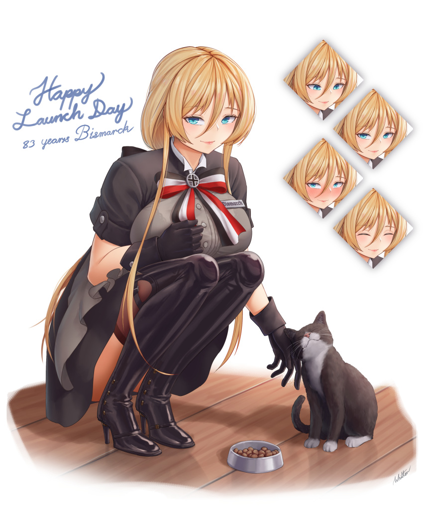 1girl absurdres azur_lane bismarck_(azur_lane) bismarck_(iron_black_elysium)_(azur_lane) black_dress black_footwear black_gloves blonde_hair blue_eyes boots breasts cat dress expressions eyebrows_visible_through_hair framed_breasts full_body gloves grey_shirt hair_between_eyes high_heels highres imperial_german_flag large_breasts long_hair looking_at_viewer official_alternate_costume shirt short_sleeves simple_background solo squatting thigh-highs thigh_boots unsinkable_sam white_background whitter wooden_floor
