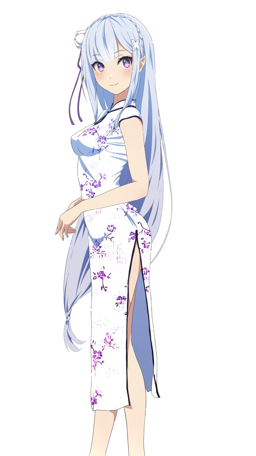 1girl absurdres bangs bare_arms blunt_bangs blush breasts camui1104 china_dress chinese_clothes closed_mouth commentary dress emilia_(re:zero) floral_print flower from_side hair_flower hair_ornament hair_over_one_eye hair_ribbon highres long_hair looking_at_viewer low-tied_long_hair medium_breasts pointy_ears print_dress purple_ribbon re:zero_kara_hajimeru_isekai_seikatsu ribbon side_slit silver_hair simple_background sleeveless sleeveless_dress smile solo standing very_long_hair violet_eyes white_background white_dress white_flower