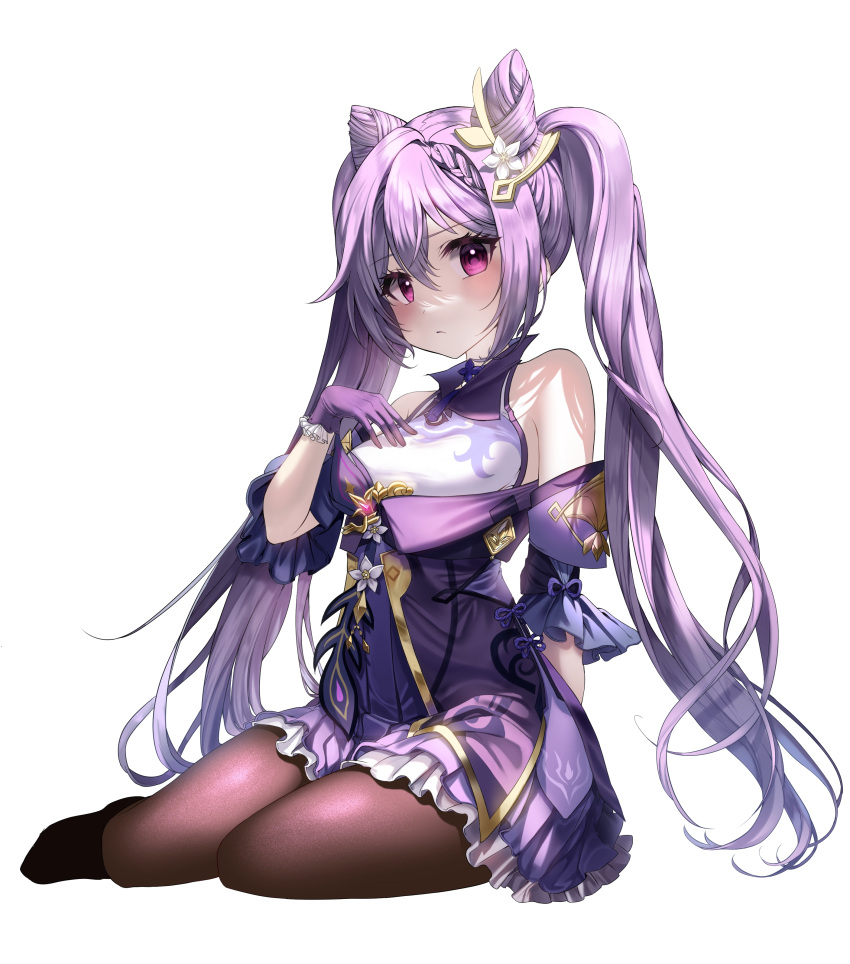 1girl absurdres bangs bare_shoulders blush braid brown_legwear detached_sleeves dress flower frilled_dress frilled_skirt frilled_sleeves frills full_body genshin_impact gloves hair_flower hair_ornament hand_on_own_chest highres keqing_(genshin_impact) long_hair looking_at_viewer pantyhose purple_dress purple_gloves purple_hair simple_background skirt solo sz_dt twintails violet_eyes white_background