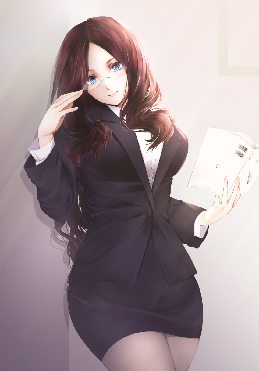 1girl adjusting_eyewear against_wall black_jacket black_skirt blue_eyes book breasts brown_hair commentary_request fate/grand_order fate_(series) formal glasses highres holding holding_book jacket large_breasts leaning leonardo_da_vinci_(fate) long_hair looking_at_viewer office_lady open_book pencil_skirt rimless_eyewear shirt skirt skirt_suit smile solo suit white_shirt zhou_yongqianhui