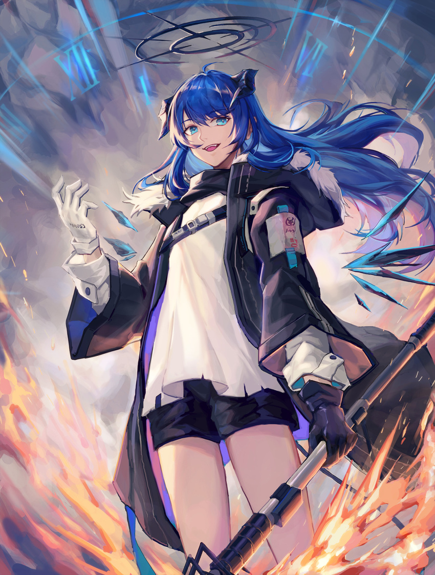1girl arknights asymmetrical_gloves black_gloves black_jacket black_shorts black_wings blue_eyes blue_hair commentary_request cowboy_shot dark_halo demon_girl demon_horns demon_tail detached_wings elite_ii_(arknights) energy_wings eyebrows_visible_through_hair fire fur-trimmed_hood fur_trim gloves highres hood hood_down hooded_jacket horns jacket long_hair long_sleeves looking_at_viewer mismatched_gloves mostima_(arknights) open_clothes open_jacket open_mouth originium_arts_(arknights) shirt shorts solo tail teeth tengo_(maotengo) upper_teeth white_gloves white_shirt wings