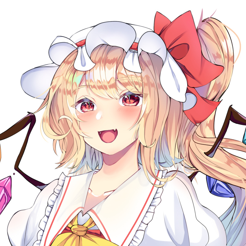 1girl :d ascot bangs blonde_hair blush bow collarbone crystal eyebrows_visible_through_hair fang flandre_scarlet frilled_shirt_collar frills hair_bow happy hat highres long_hair looking_at_viewer mob_cap one_side_up open_mouth puffy_short_sleeves puffy_sleeves red_bow short_sleeves simple_background skin_fang slit smile solo touhou upper_body white_background white_headwear wings yellow_ascot yyghh_ii