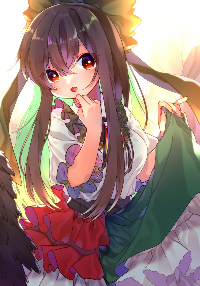 1girl bangs blush bow breasts brown_hair collared_shirt commentary_request crossed_bangs crystal diamond_(shape) eyebrows_visible_through_hair eyes_visible_through_hair fingernails frilled_shirt_collar frills green_bow green_skirt hair_between_eyes hair_bow hands_up highres light long_fingernails long_hair looking_to_the_side medium_breasts nail_polish open_mouth puffy_short_sleeves puffy_sleeves red_eyes red_nails reiuji_utsuho renka_(sutegoma25) shirt short_sleeves simple_background skirt solo standing third_eye tongue touhou white_background white_shirt wings