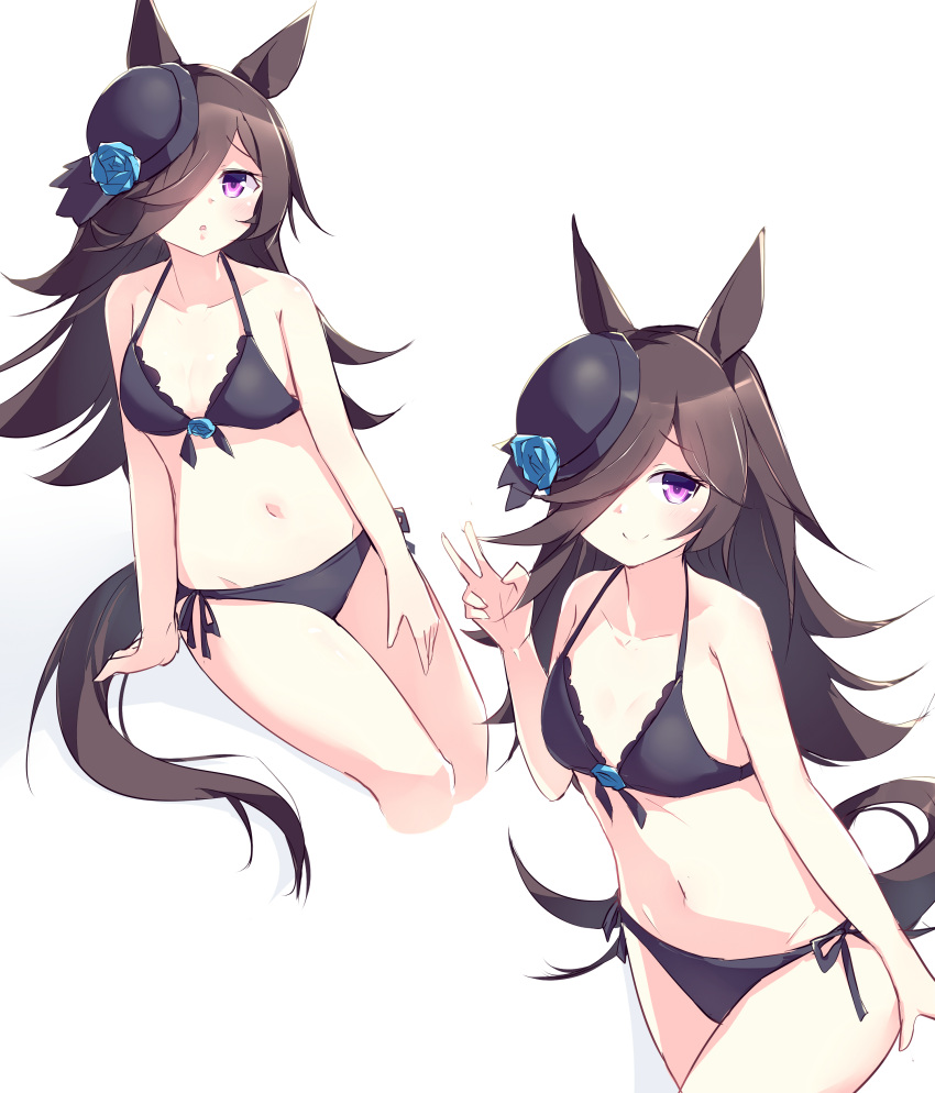 1girl absurdres animal_ears arm_support bare_arms bare_shoulders bikini black_bikini black_headwear blue_flower blue_rose blush breasts brown_hair closed_mouth collarbone cropped_legs flower groin hair_over_one_eye hand_up hat hat_flower highres horse_ears horse_girl horse_tail invisible_chair kanzakietc long_hair looking_at_viewer multiple_views navel parted_lips rice_shower_(umamusume) rose side-tie_bikini simple_background sitting small_breasts smile swimsuit tail umamusume v white_background