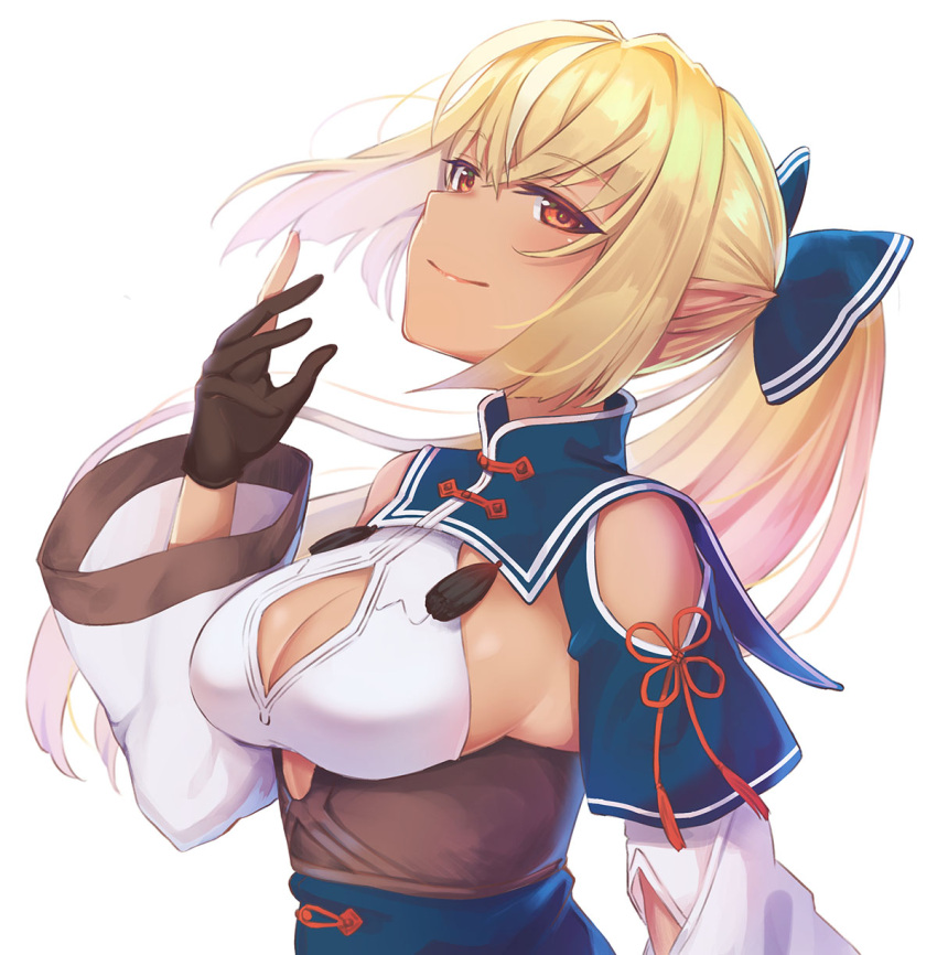 1girl black_gloves blonde_hair bow breasts cleavage_cutout clothing_cutout dark-skinned_female dark_skin detached_collar detached_sleeves gloves hair_bow hand_up head_tilt highres hololive large_breasts long_hair looking_at_viewer multicolored_hair partially_fingerless_gloves pointy_ears ponytail red_eyes shigi_(shigi_4) shiranui_flare shirt shoulder_cutout sleeveless sleeveless_shirt smile solo streaked_hair upper_body virtual_youtuber white_background white_hair white_shirt