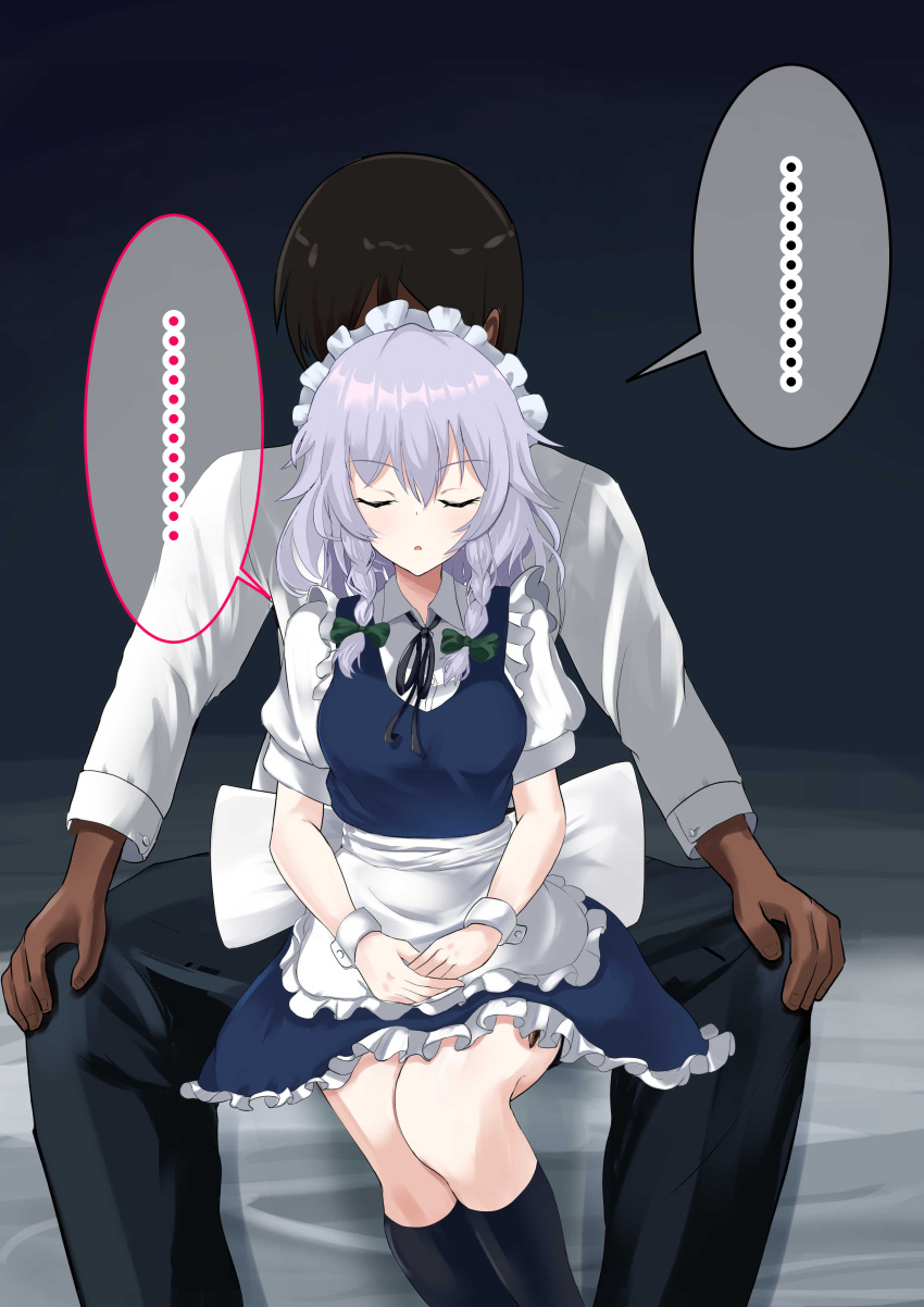 1boy 1girl absurdres apron back_bow bangs bed black_legwear black_pants black_ribbon blue_dress blush bow braid breasts brown_hair buttons closed_eyes collared_shirt commentary_request dark-skinned_male dark_skin dress eyebrows_visible_through_hair frills green_bow grey_background grey_hair hair_between_eyes hair_bow highres izayoi_sakuya jody_know-grow-help long_sleeves maid maid_headdress medium_breasts no_hat no_headwear on_bed open_mouth own_hands_together pants puffy_short_sleeves puffy_sleeves ribbon shirt short_hair short_sleeves simple_background sitting sitting_on_bed socks touhou twin_braids white_apron white_bow white_shirt wrist_cuffs