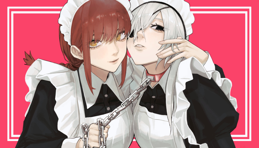 2girls alternate_costume animal_collar apron arm_around_shoulder black_dress black_eyes braid braided_ponytail breasts buttons chain chainsaw_man closed_mouth collar collared_dress commentary dress english_commentary enmaided eyelashes eyepatch hair_between_eyes highres leash lips long_hair long_sleeves looking_at_viewer maid maid_headdress makima_(chainsaw_man) medium_breasts medium_hair multiple_girls one_eye_covered parted_lips puffy_long_sleeves puffy_sleeves quanxi_(chainsaw_man) red_background red_collar redhead ringed_eyes sailen0 sidelocks simple_background smile upper_body white_apron wing_collar yellow_eyes