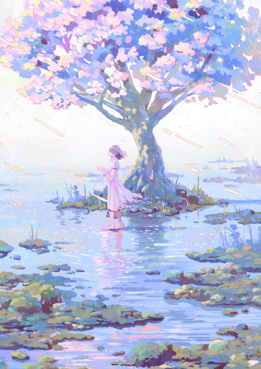 1girl absurdres barefoot brown_hair cherry_blossoms commentary day dress from_side hayashi_naoyuki highres original rain reflection reflective_water scenery short_hair solo standing tree water waves wetland white_dress wide_shot