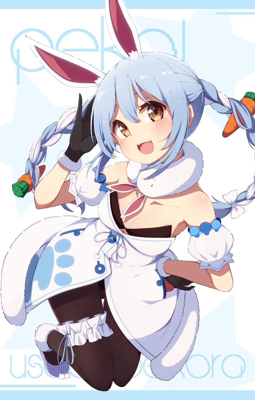 1girl absurdres animal_ear_fluff animal_ears arm_up background_text bangs bare_shoulders black_gloves black_leotard blue_hair blush bow braid brown_eyes brown_legwear carrot_hair_ornament character_name collarbone detached_sleeves don-chan_(usada_pekora) dress eyebrows_behind_hair food-themed_hair_ornament fur-trimmed_dress fur-trimmed_gloves fur_trim gloves hair_between_eyes hair_bow hair_ornament hand_on_hip highres hololive leotard long_hair multicolored_hair okota_mikan pantyhose puffy_short_sleeves puffy_sleeves rabbit_ears shoes short_eyebrows short_sleeves strapless strapless_dress strapless_leotard thick_eyebrows twin_braids twintails two-tone_hair usada_pekora very_long_hair virtual_youtuber white_bow white_dress white_footwear white_hair white_sleeves