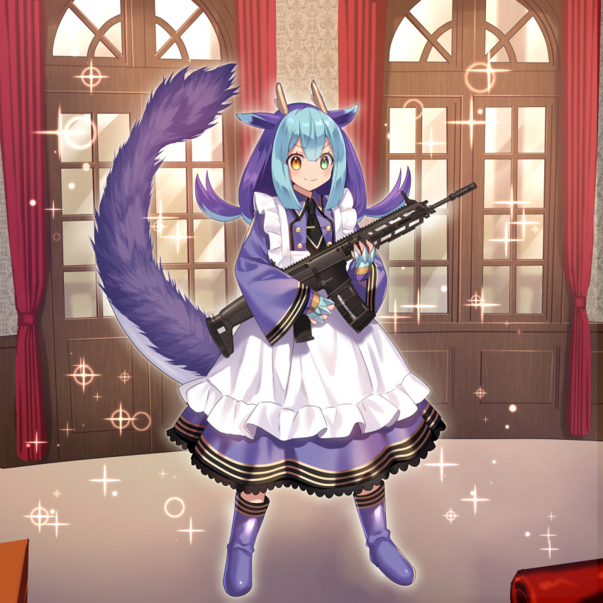 1girl apron blue_hair boots closed_mouth dragon_girl dragon_horns dragon_tail dress duel_monster full_body fuyuki_(neigedhiver) green_eyes gun heterochromia highres holding holding_gun holding_weapon horns howa_type_20 indoors laundry_dragonmaid long_sleeves maid multicolored_hair orange_eyes purple_hair smile solo tail v-shaped_eyebrows weapon wide_sleeves yu-gi-oh!