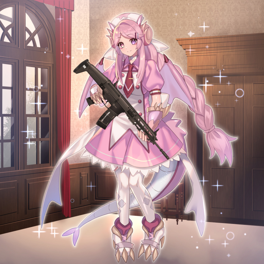 1girl breasts closed_mouth dragon_girl dragon_tail dress duel_monster eyebrows_visible_through_hair full_body fuyuki_(neigedhiver) gun heterochromia highres holding holding_gun holding_weapon horns howa_type_20 indoors maid nurse_dragonmaid pink_dress pink_hair short_sleeves sidelocks smile solo tail thigh-highs weapon yu-gi-oh!