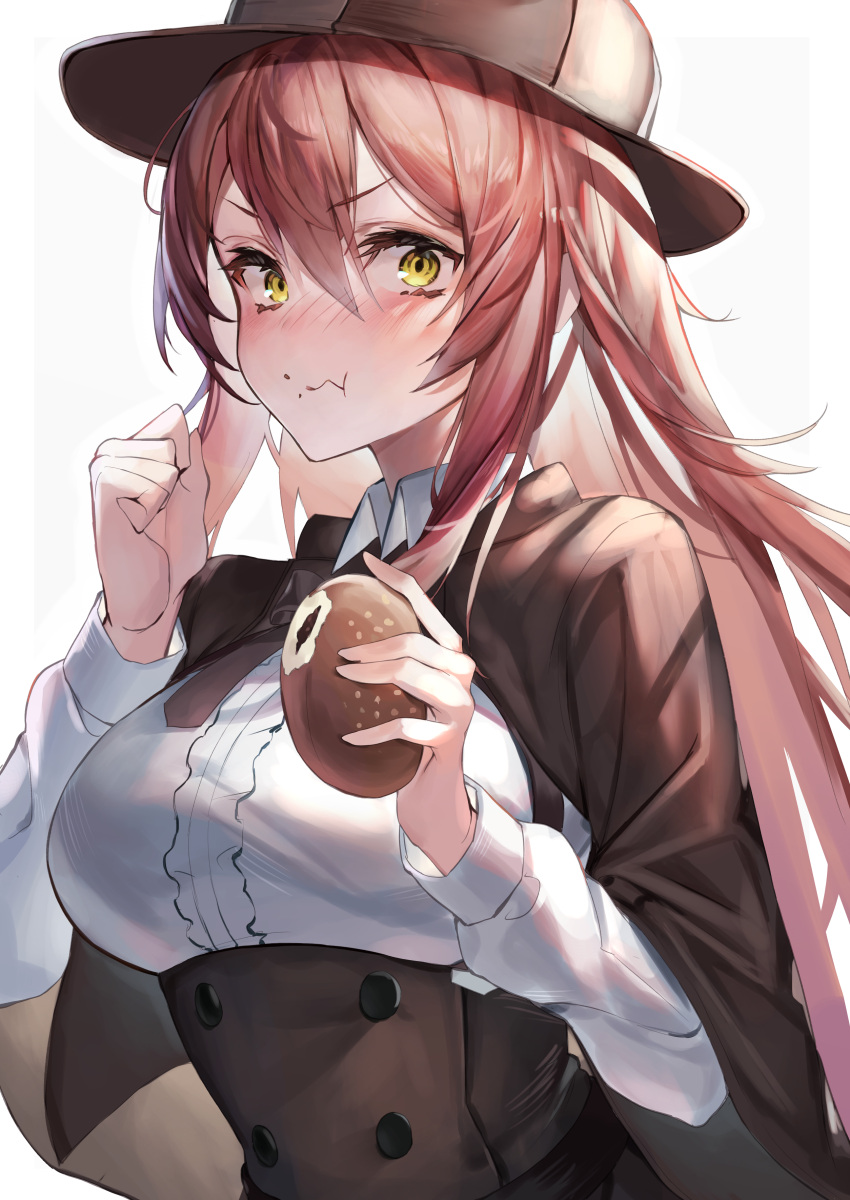 1girl absurdres azur_lane bangs blush breasts brown_coat brown_headwear closed_mouth coat eyebrows_visible_through_hair food highres holding holding_food kabi_(zcwd8845) long_hair looking_at_viewer medium_breasts official_alternate_costume redhead solo upper_body volga_(an_irresistible_ar_adventure)_(azur_lane) volga_(azur_lane) white_background yellow_eyes