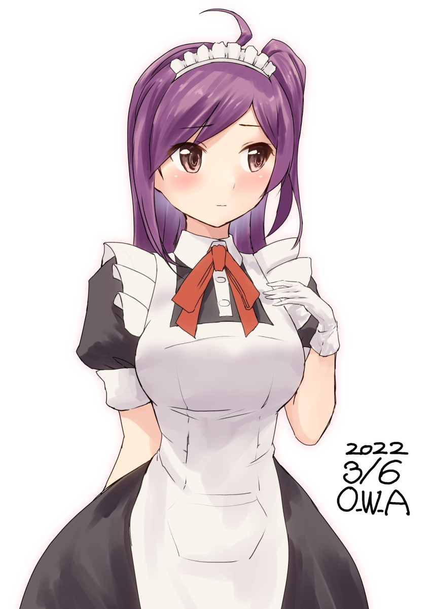 ahoge alternate_costume apron black_dress brown_eyes cowboy_shot dress enmaided frilled_apron frills gloves hagikaze_(kancolle) highres kantai_collection long_hair looking_to_the_side maid maid_headdress one-hour_drawing_challenge one_side_up owa_(ishtail) purple_hair simple_background white_apron white_background white_gloves