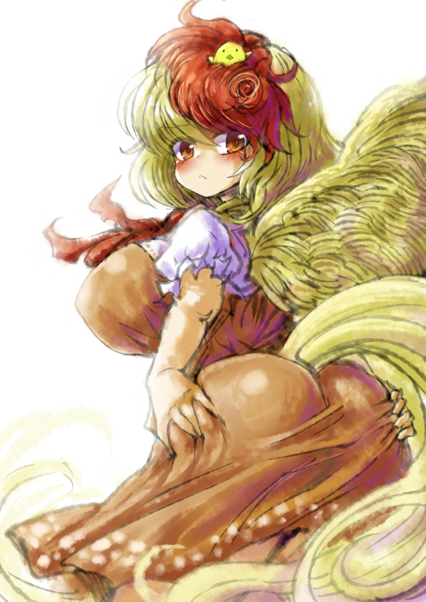 2b-ge animal_on_head ass bird bird_on_head bird_tail bird_wings blonde_hair breasts brown_dress chick chicken dress feathered_wings highres large_breasts multicolored_hair niwatari_kutaka on_head orange_dress red_neckwear redhead shirt tail tail_feathers touhou two-tone_hair white_shirt wings yellow_wings