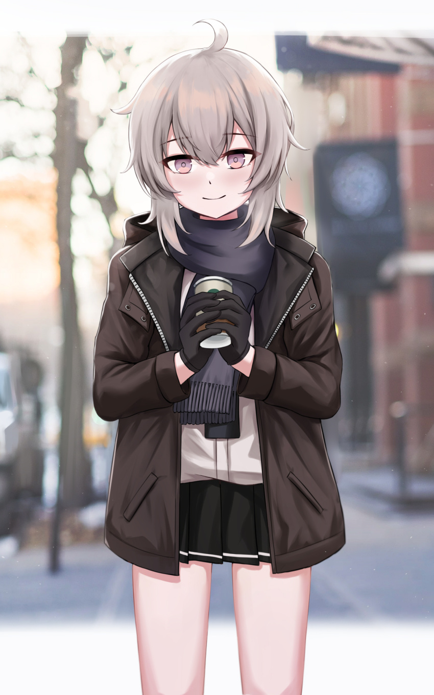 1girl absurdres bangs black_gloves black_skirt blush brown_jacket closed_mouth coffee_cup cup daisy_cutter disposable_cup eyebrows_visible_through_hair feet_out_of_frame girls_frontline gloves grey_hair highres holding holding_cup jacket looking_at_viewer m200_(girls'_frontline) open_clothes open_jacket purple_scarf scarf scenery shirt short_hair skirt smile solo standing violet_eyes white_shirt