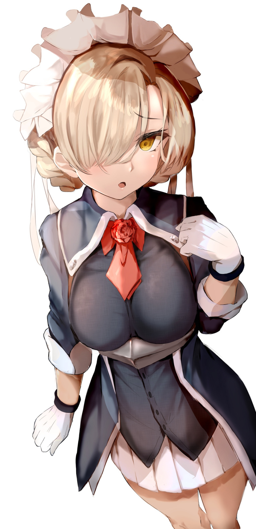 1girl absurdres alternate_costume azur_lane black_jacket braid breasts commentary_request cosplay gloves hair_over_one_eye hand_up highres jacket kantai_collection light_brown_hair looking_at_viewer maid_headdress medium_breasts miniskirt namesake necktie open_mouth pleated_skirt raru_(nanaharararu) red_necktie sheffield_(azur_lane) sheffield_(kancolle) sheffield_(kancolle)_(cosplay) short_necktie simple_background skirt solo standing white_background white_gloves white_skirt yellow_eyes