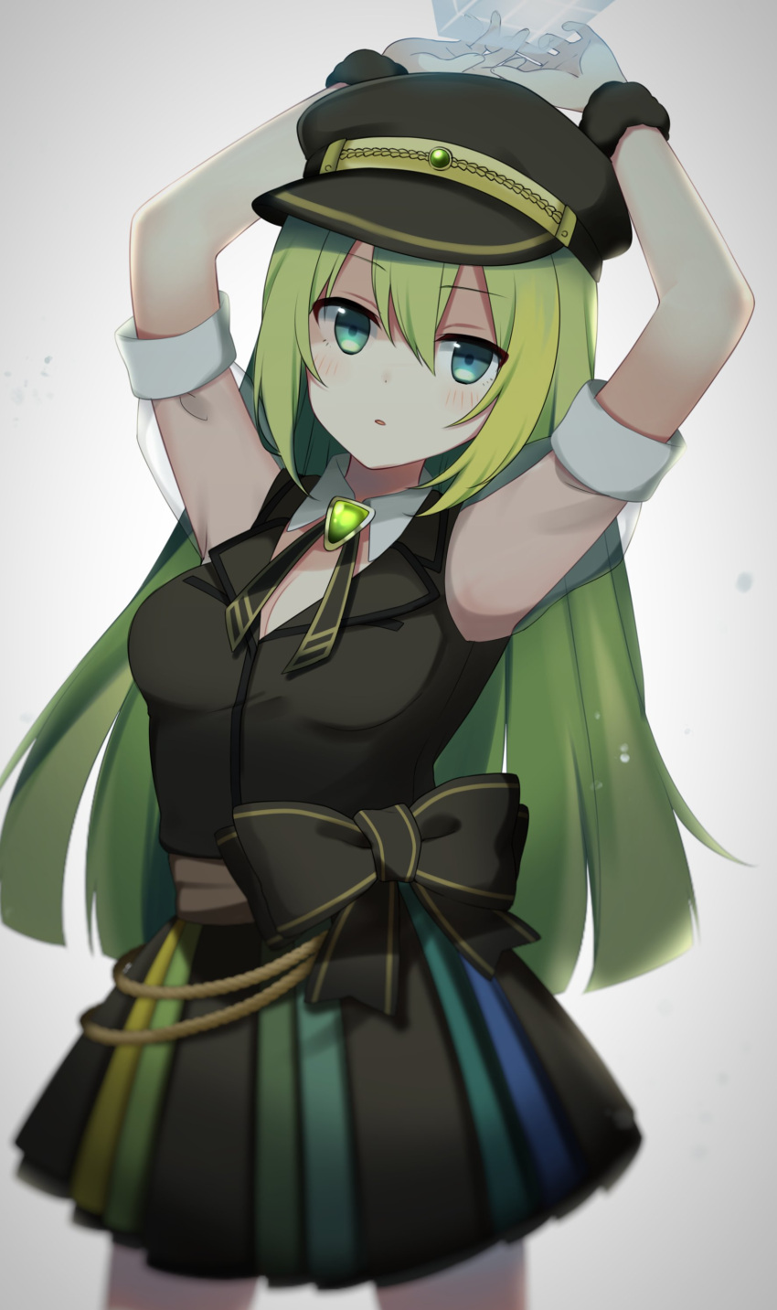 1girl absurdres alina_gray arms_up fujishiro_emyu green_eyes green_hair hat highres long_hair looking_at_viewer magia_record:_mahou_shoujo_madoka_magica_gaiden magical_girl mahou_shoujo_madoka_magica parted_lips ribbon solo soul_gem