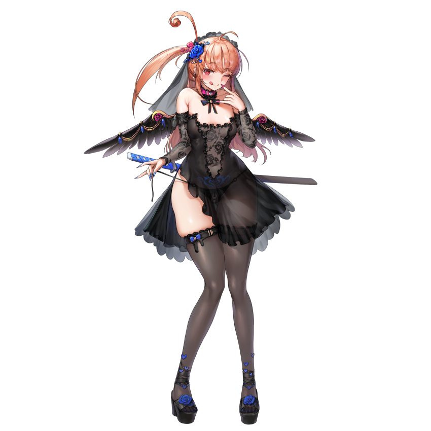 1girl ;p \m/ ahoge black_dress black_wings blue_nails blush bumcha choker collar dress eyebrows_visible_through_hair full_body high_heels highres huge_ahoge lace lace_choker last_origin looking_at_viewer magical_girl momo_(last_origin) official_art one_eye_closed orange_hair red_eyes red_nails scabbard sheath solo sword tachi-e tongue tongue_out transparent_background weapon wings