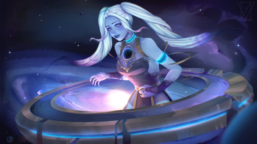1girl artist_name bangs bare_shoulders blue_eyes blue_skin bridal_gauntlets choker colored_skin dress freckles glowing highres jewelry league_of_legends long_hair ring signature smile solo sona_(league_of_legends) space twintails vandalla007 white_hair