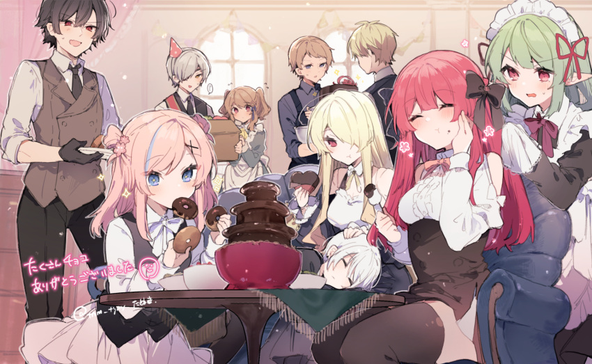 +_+ 5boys 5girls anna_(ikeuchi_tanuma) apron artist_name bare_shoulders black_apron black_bow black_necktie black_vest blonde_hair blue_eyes blue_hair blue_shirt blush bow bowl bowtie box brown_hair cake candy carrying character_request chocolate chocolate_fondue chocolate_fountain closed_eyes closed_mouth clothing_cutout collared_shirt commentary_request couch curtains doll_joints double_bun doughnut dress dress_shirt eating edel_(ikeuchi_tanuma) flower food food_in_mouth food_on_face formal frilled_dress frills gloves green_hair hair_between_eyes hair_bow hair_bun hair_flower hair_ornament hand_on_own_face handkerchief hat heart heart-shaped_chocolate highres holding holding_cake holding_food holding_handkerchief holding_plate ikeuchi_tanuma joints kneeling lace_trim light_particles long_hair long_sleeves looking_at_another lying_on_lap maid maid_headdress marshmallow multicolored_hair multiple_boys multiple_girls necktie on_couch on_lap open_mouth original party_hat pink_bow pink_bowtie pink_hair plate pointy_ears pouty_lips purple_bow purple_bowtie red_eyes redhead rije_(ikeuchi_tanuma) rosette_(ikeuchi_tanuma) rudy_(ikeuchi_tanuma) shirt short_dress short_hair short_twintails shoulder_cutout sitting sleeping smile sparkle sparkling_eyes standing suit table tablecloth thigh-highs thighs thumbs_up tino_(ikeuchi_tanuma) translation_request twintails vest white_bow white_bowtie white_hair white_shirt window wiping_face worried yellow_bow yellow_bowtie zettai_ryouiki