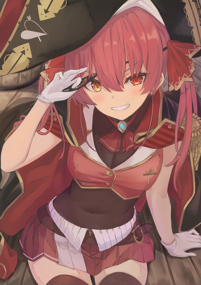 1girl arm_support ascot bangs bicorne black_coat black_eyepatch black_legwear coat coat_on_shoulders covered_navel crop_top eyebrows_visible_through_hair eyepatch eyepatch_lift gloves grin hair_between_eyes hair_ribbon hand_up hat highres hololive houshou_marine leotard leotard_under_clothes long_hair looking_at_viewer miniskirt parted_lips pirate_hat red_eyes red_shirt red_skirt redhead ribbon shigi_(shigi_4) shirt sitting skirt smile solo thigh-highs twintails virtual_youtuber white_gloves yellow_eyes