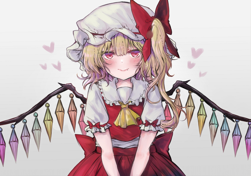 1girl ascot blonde_hair blush bow closed_mouth crystal eyebrows_visible_through_hair fang flandre_scarlet frilled_shirt_collar frilled_sleeves frills hair_between_eyes hat hat_bow heart highres looking_at_viewer medium_hair mob_cap one-hour_drawing_challenge one_side_up red_bow red_eyes red_skirt red_vest short_sleeves simple_background skirt skirt_set smile solo touhou tsurime upper_body vest white_background white_headwear wings yellow_ascot yuma_(yuuma_pants)